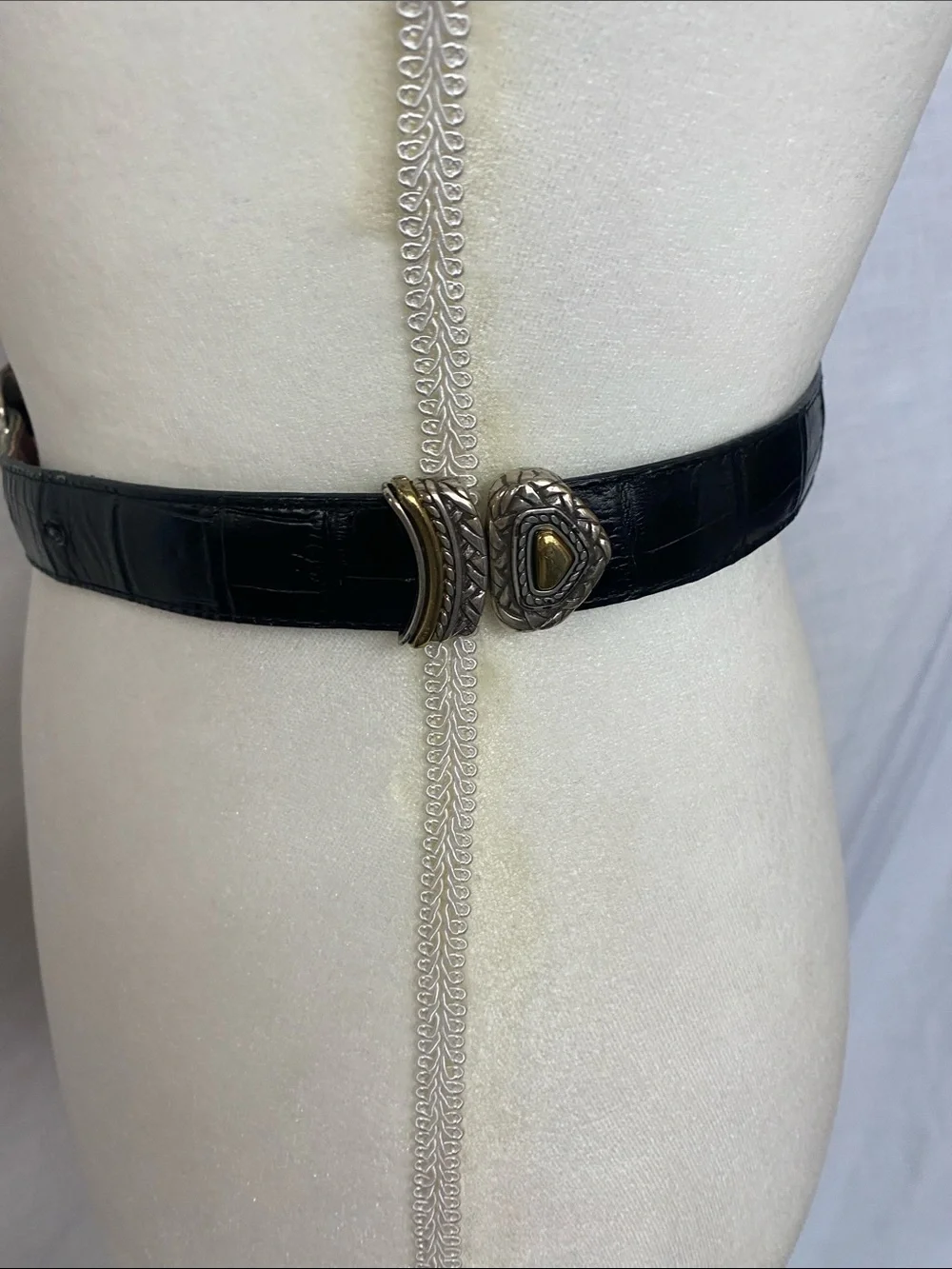 Croc-Effect Black Leather Belt with Ornate Gold Buckle